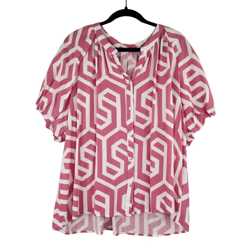 Entro Boutique Pink White Geometric Puff Sleeves Button Down Blouse Sz 1X